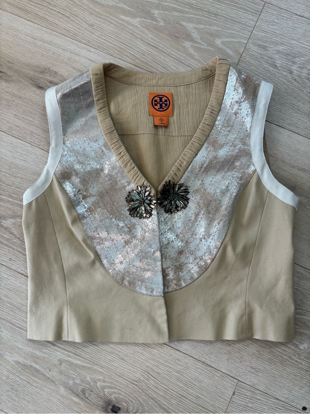 Tory Burch Genuine Leather and Cotton Vest with embellishment